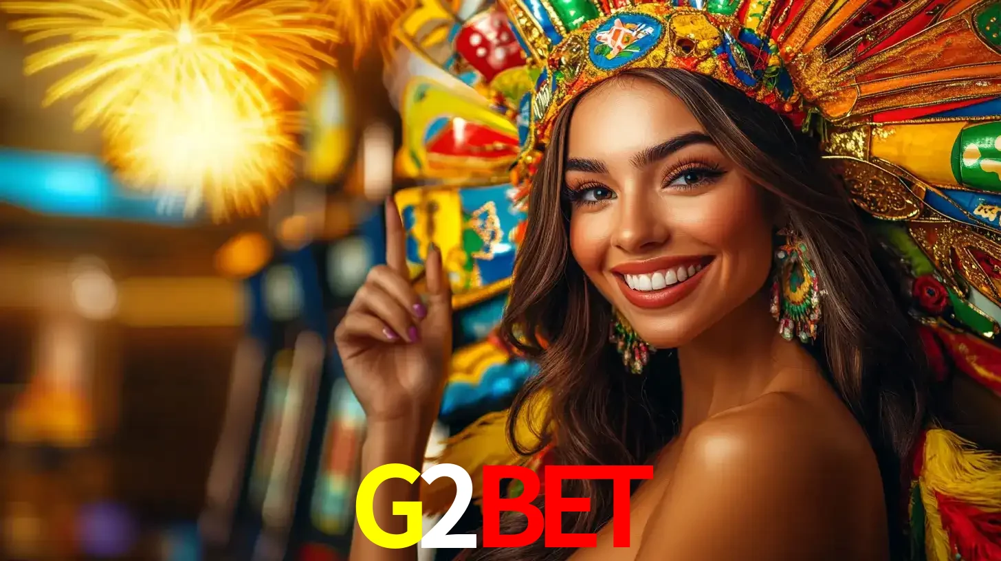 Mulher sorridente com um cocar de carnaval vibrante e colorido, celebrando uma grande vitória nos jogos do cassino G2BET com fogos de artifício ao fundo.