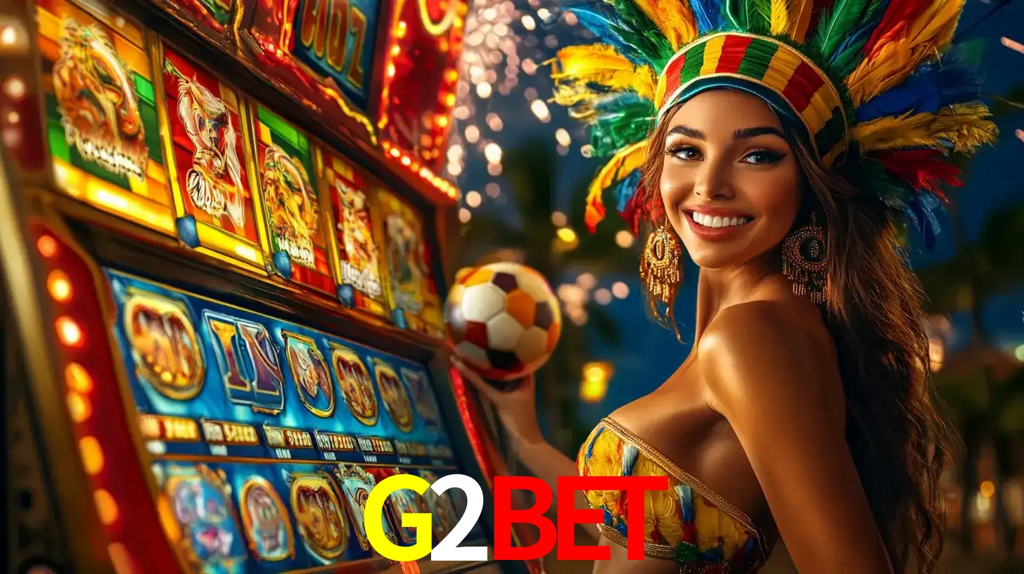 Mulher com um cocar de carnaval ao lado de uma máquina de caça-níqueis enquanto segura uma bola de futebol, mostrando a união da diversão de cassino e esportes no G2BET.