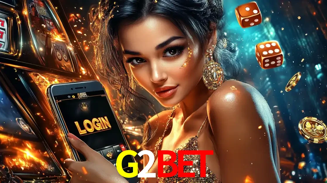 Mulher glamourosa segurando um celular com a tela de login do cassino G2BET, rodeada por dados e moedas douradas, pronta para começar a diversão.