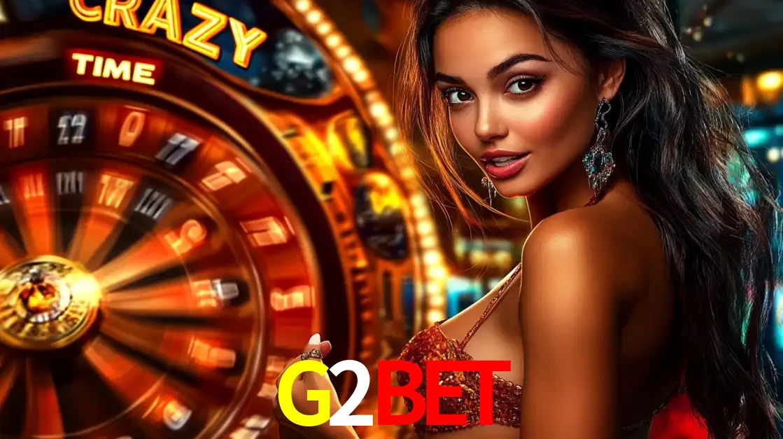 Mulher ao lado da roda de prêmios do jogo de cassino ao vivo Crazy Time, um dos shows de jogos mais emocionantes oferecidos pela plataforma de apostas G2BET.