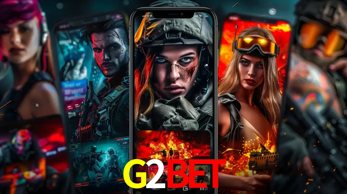 Montagem de telas de celular mostrando diversos personagens, masculinos e femininos, de um jogo de tiro, ilustrando a diversidade de equipes de e-sports para apostar no G2BET.