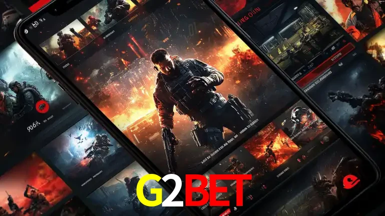 Tela de um celular exibindo uma galeria de jogos de tiro com temática militar, mostrando a variedade de e-sports disponíveis para apostas na plataforma de entretenimento G2BET.