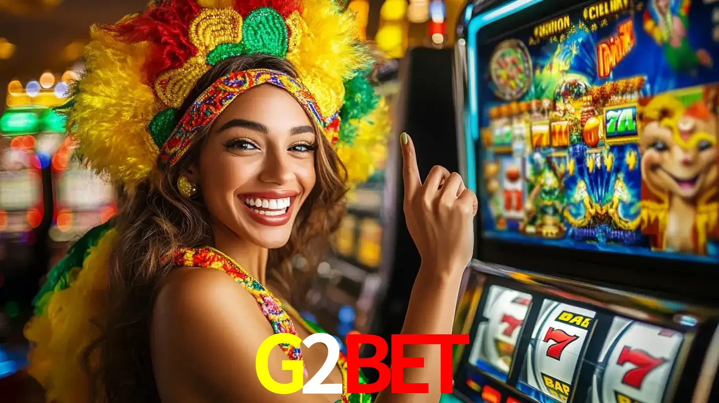 Mulher animada com um cocar de carnaval apontando para uma máquina de caça-níqueis, mostrando a emoção de ganhar um grande prêmio nos jogos do G2BET.