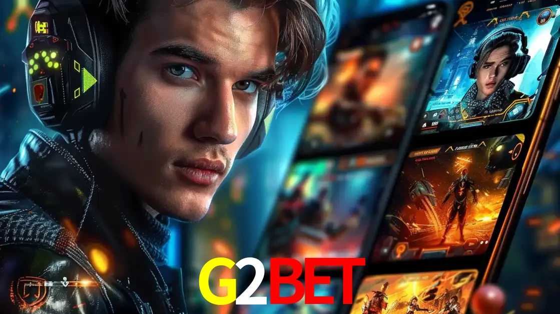 Jovem jogador com fones de ouvido olhando para a câmera, com um aplicativo de jogos e e-sports para celular ao fundo, pronto para a competição e apostas no G2BET.