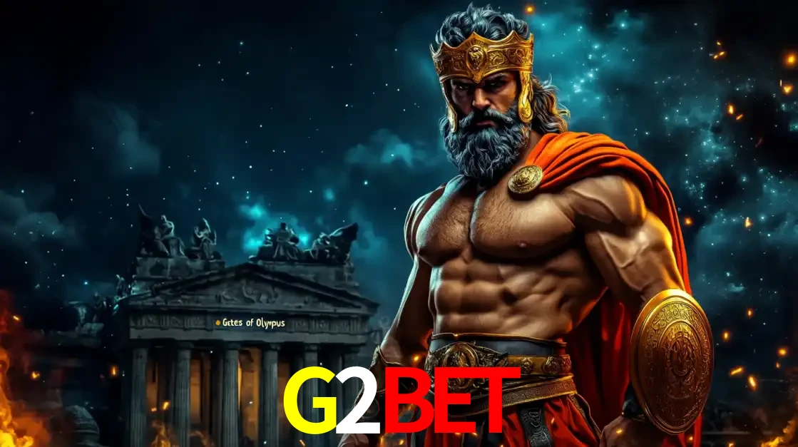 O poderoso Zeus do jogo de slot Gates of Olympus em frente ao seu templo, pronto para lançar multiplicadores divinos e prêmios épicos no cassino online G2BET.