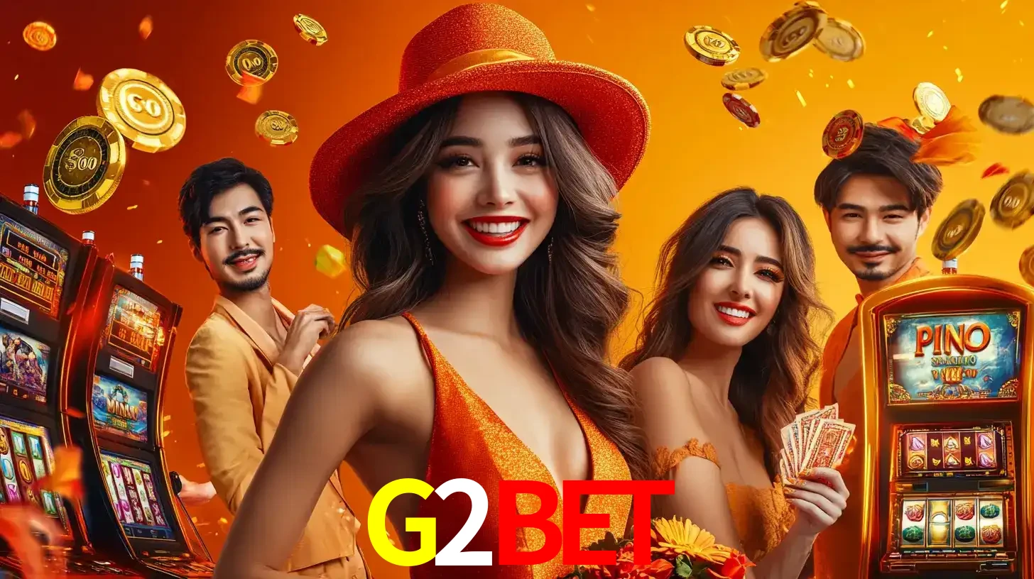 Grupo de amigos asiáticos sorrindo e se divertindo com máquinas de caça-níqueis em um ambiente festivo, celebrando suas vitórias nos jogos de cassino do G2BET.