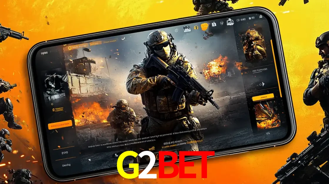 Um smartphone exibindo a interface de um jogo de tiro em primeira pessoa, com um soldado em um cenário de batalha, representando a ação dos e-sports para apostar no G2BET.