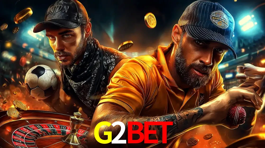 Montagem de apostas esportivas e cassino no G2BET, com um homem segurando uma bola de futebol e outro uma de beisebol sobre uma roleta e moedas voadoras.