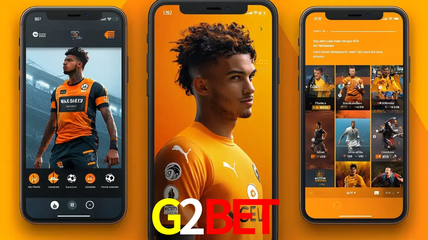 Interface do aplicativo de apostas esportivas G2BET em três telas de celular, mostrando o perfil de um jogador de futebol e a lista de jogos disponíveis para apostar.