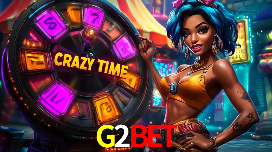 Mulher estilizada com cabelo azul e visual vibrante posando ao lado da roda de prêmios do game show Crazy Time, convidando para a diversão e os bônus do cassino G2BET.