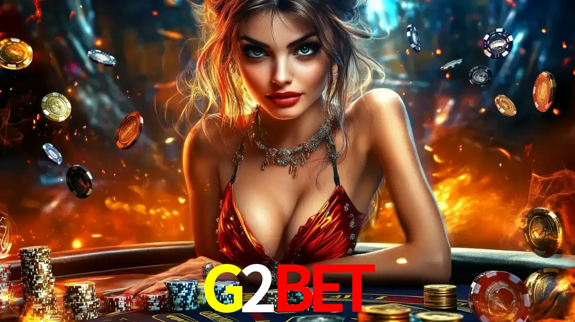 Mulher em uma mesa de cassino com pilhas de fichas e um fundo de fogo, pronta para uma rodada de altas apostas nos jogos de mesa emocionantes do cassino G2BET.