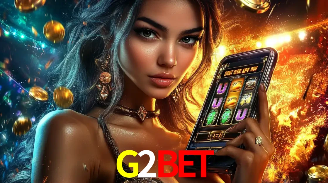 Mulher elegante mostrando um jogo de caça-níqueis em seu smartphone, destacando a experiência de cassino móvel oferecida pelo aplicativo G2BET.