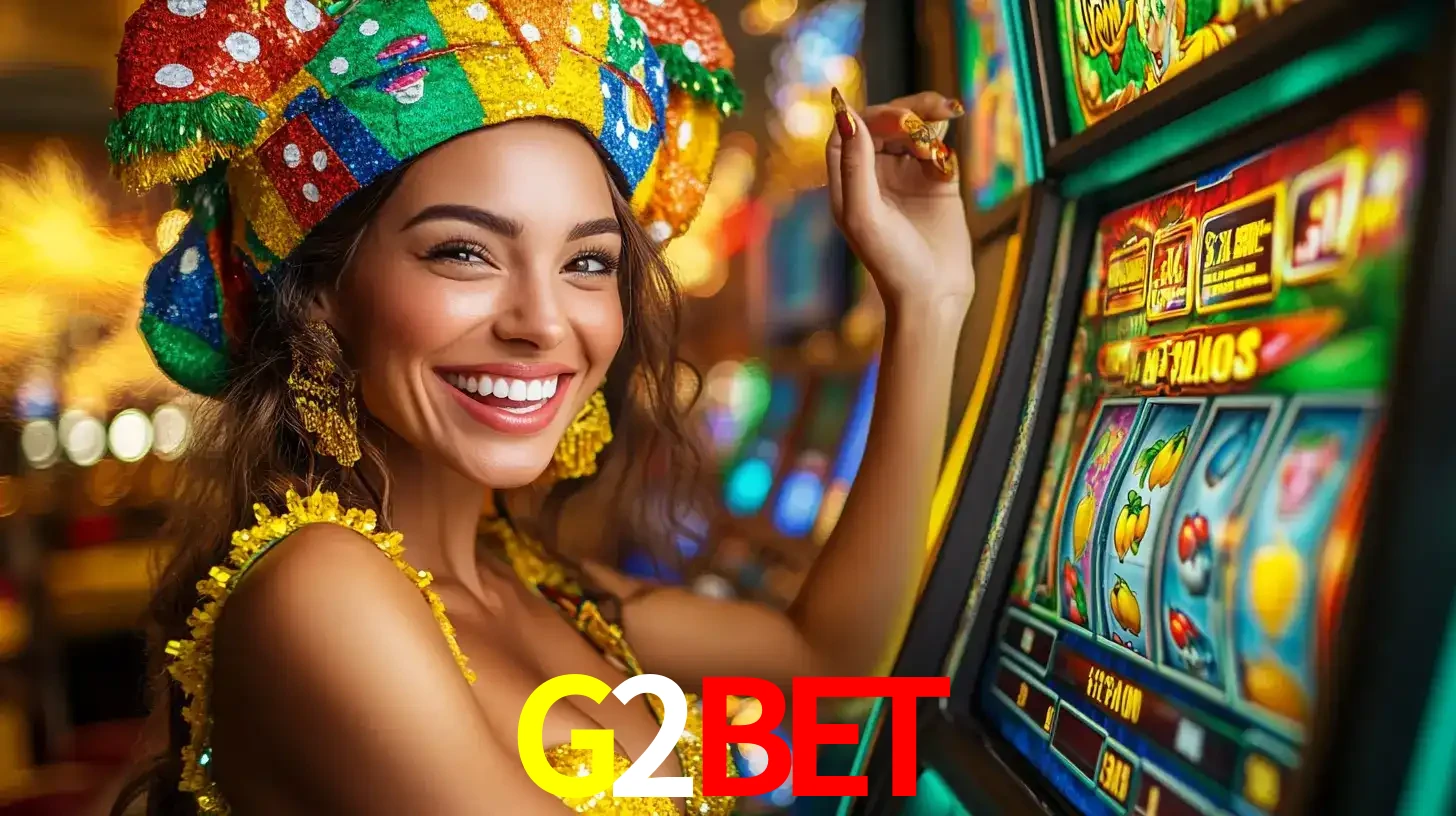Mulher feliz com traje de carnaval amarelo e colorido ao lado de uma máquina de caça-níqueis, aproveitando a diversão e os jogos temáticos do cassino G2BET.
