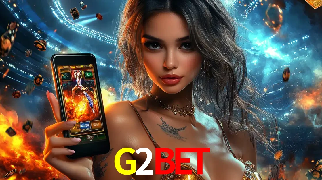 Mulher segurando um celular com um jogo de slot em destaque, tendo como fundo um estádio vibrante, simbolizando a emoção de jogar no cassino móvel G2BET.