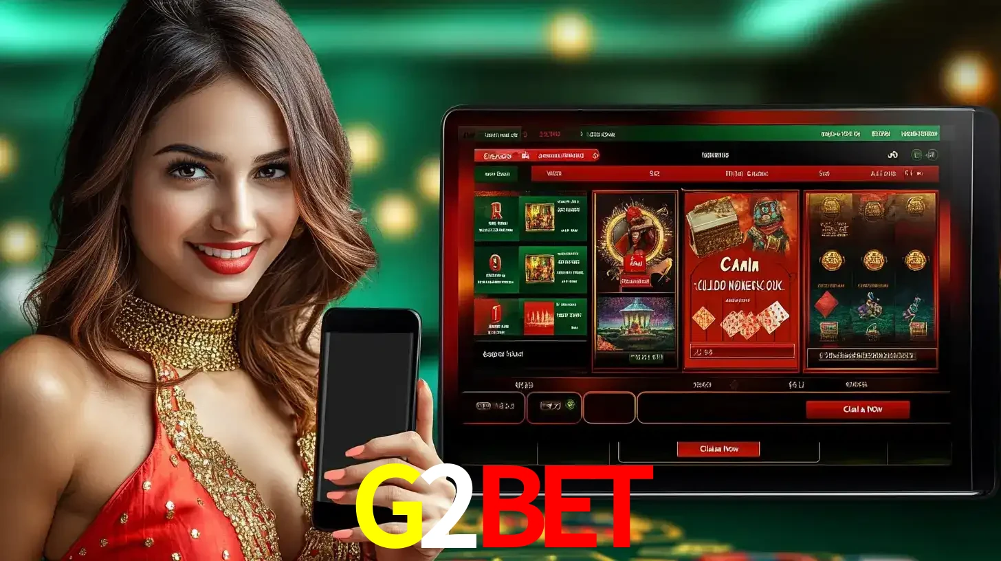 Mulher sorridente segurando um smartphone, ao lado de uma tela exibindo o lobby de jogos do cassino online G2BET, com várias opções de jogos de cartas e slots.